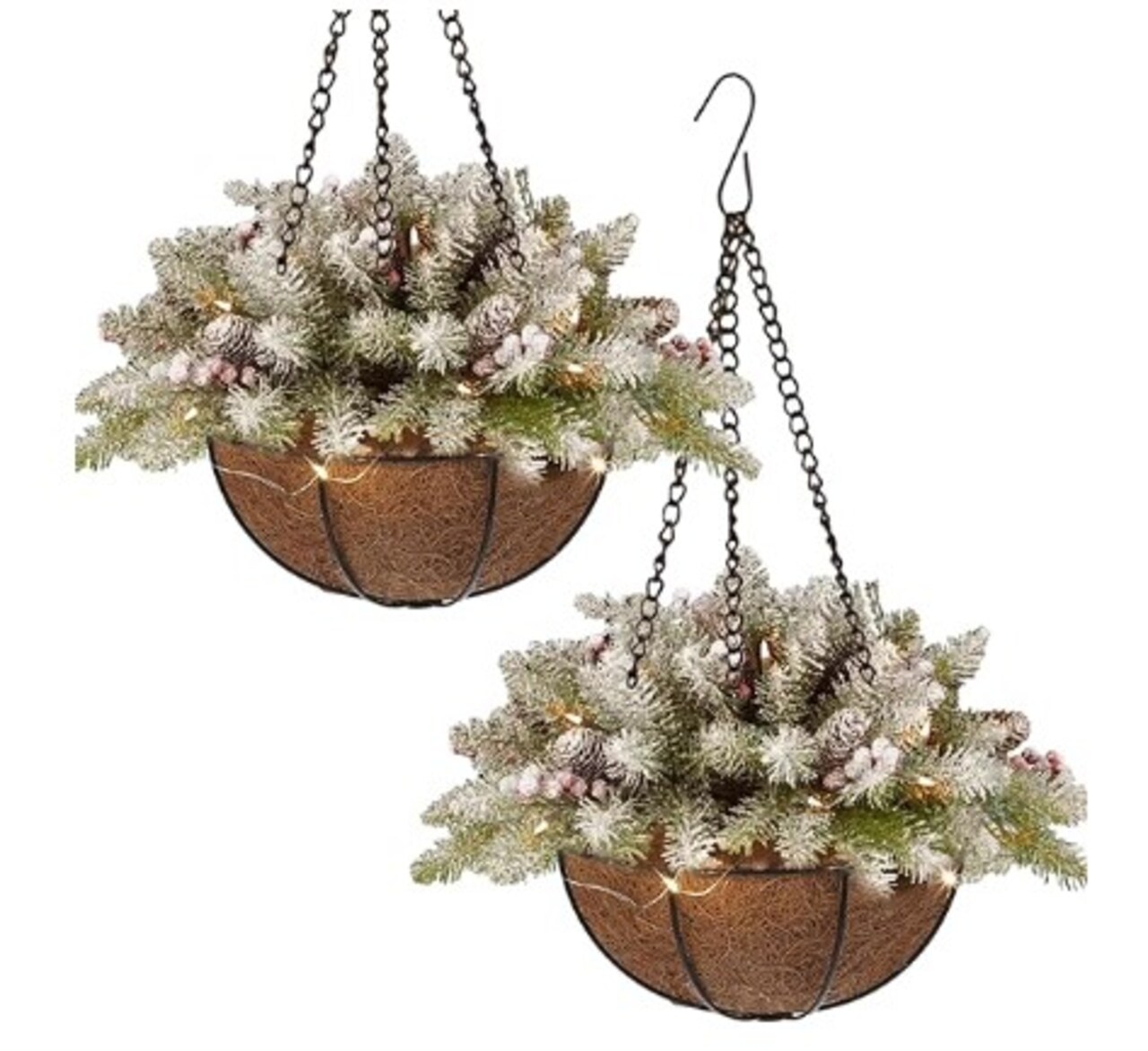 2 Pack Pre Lit Artificial Christmas Hanging Basket Christmas Tree Basket with Frosted Pine Cones and Branches, White Berry Clusters, and 2 Pieces White LED String Lights for Patio or Porch